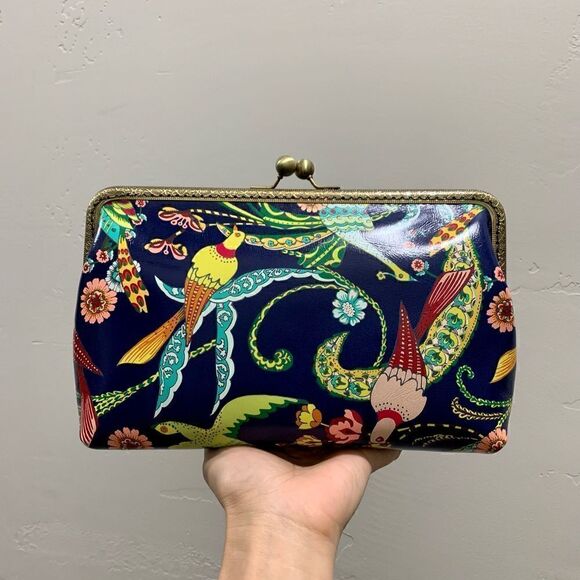 Handsewn Genuine Leather Floral Printed, Kisslock Clutch/Crossbody/Evening bag
